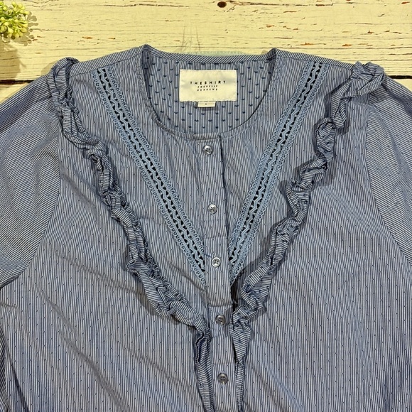 The Shirt Rochelle Behrens Stripe Ruffle Trim Button Front Blouse - Picture 3 of 9